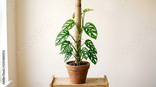 Monstera Obliqua Plant in a Terracotta Pot Against Cream Wall