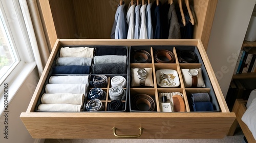 Modern wooden wardrobe organization with clothes and accessories