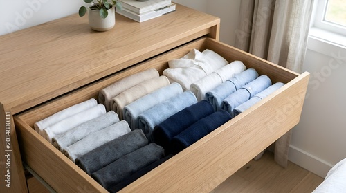 Neat drawer with folded clothes and home decor