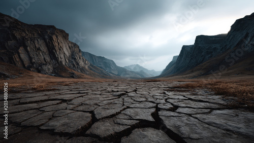 Barren rocky valley cracked ground mountain range overcast sky wide landscape dramatic scene desolate terrain dry riverbed stone surface remote wilderness valley mountain cliff rock ground crack