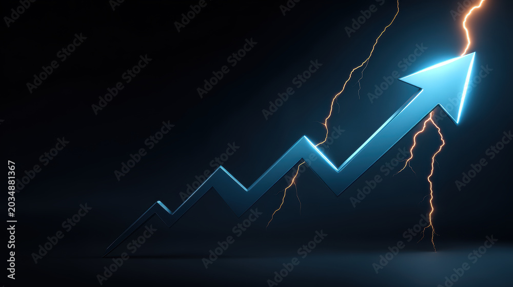 Fototapeta premium Blue arrow upward arrow lightning dark background growth chart increase business success financial growth rising trend
