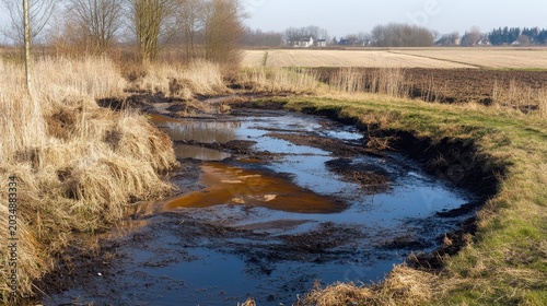 Polluted agricultural runoff creates a muddy, contaminated water pool in a rural field with dry grasses and distant trees under a clear sky.