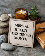 A card displaying 'Mental Health Awareness Month' surrounded by a lit candle, smooth stones, a succulent plant, and notebooks on a grey background.