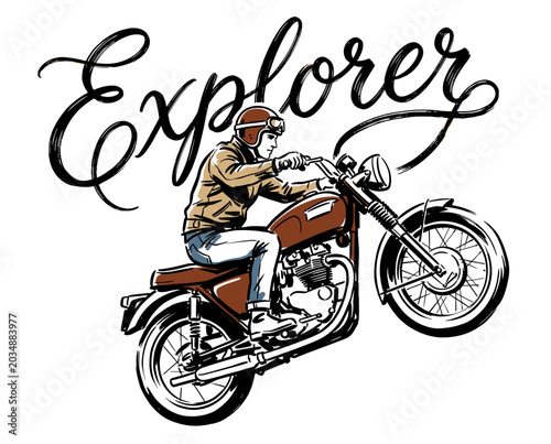 Photos Explorer, vintage motorcycle illustration, biker, cafe racer, wheelie stunt, app
