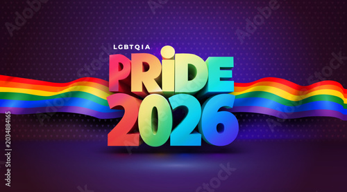 3d volumetric letters Pride Gradient 2026 background LGBTQ. Banner logo lgbtq pride month. Web banner, social. Symbol of pride month june support. Pride month 2026 concept. Vector freedom rainbow flag