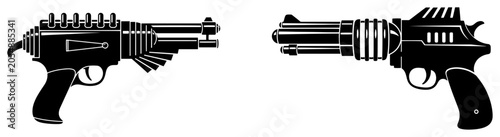 Schilderij op canvas Retro futuristic ray guns and sci-fi blasters in distressed silhouette style