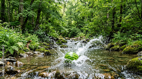 A serene forest stream with a small waterfall surrounded by lush greenery and mossy rocks