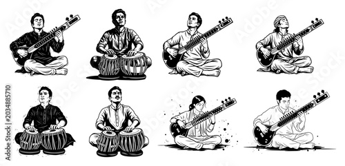 Photos Indian classical musicians playing sitar and tabla instruments in black and whit