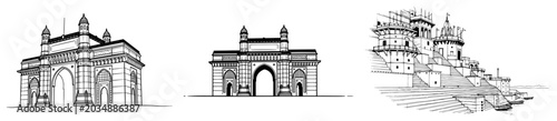 Photos Gateway of India and Varanasi ghats landmarks in black and white sketch style