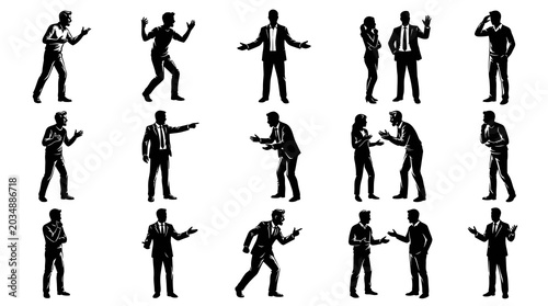 Black  White Silhouette Glyphs of People Communicating, Discussing, Arguing, and Posing for Business  Social Themes