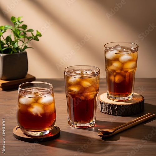 Iced Tea in Glass with Ice Cubes on Wooden Table