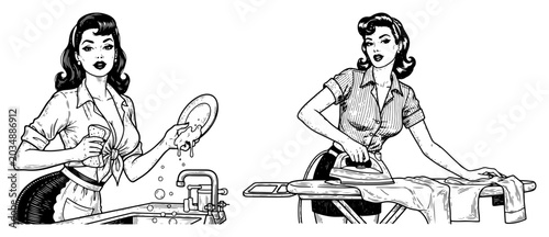 Quadro em tela Retro 1950s housewives washing dishes and ironing clothes in vintage comic book