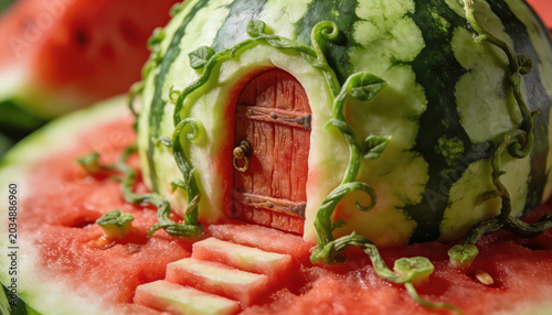 Tiny wooden door on fruit watermelon with green vines and small staircase carved into red flesh creating magical scene