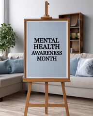 A wooden easel displays a framed sign with 'MENTAL HEALTH AWARENESS MONTH' text in a cozy living room setting.