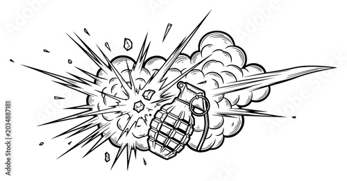 Tableau sur toile Frag grenade exploding with smoke clouds and debris in vintage engraving style