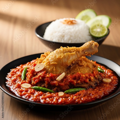 Crispy Fried Chicken with Spicy Sambal and Rice Dish