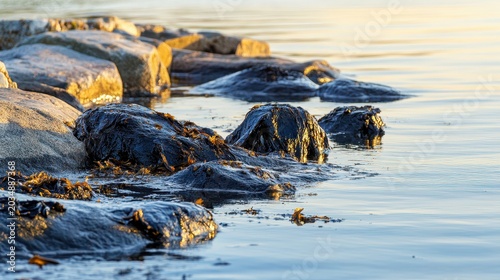 Oily Slick Adheres to Rocky Shoreline Waters Reflecting Soft Coastal Light