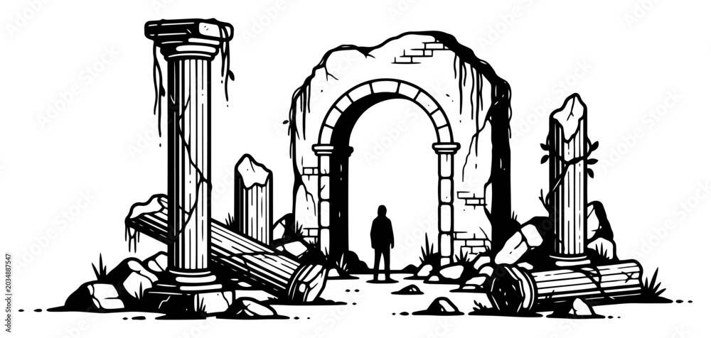 Naklejka premium Silhouette of man standing in ancient ruined stone archway monochrome graphic style