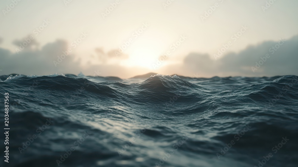 Obraz premium Turbulent ocean waves under a moody sky with a distant setting sun creating dramatic natural beauty.