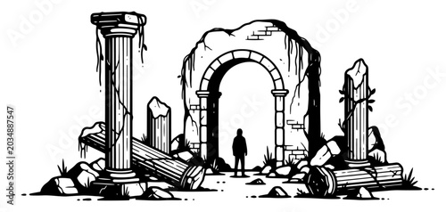 Vászonkép Silhouette of man standing in ancient ruined stone archway monochrome graphic st