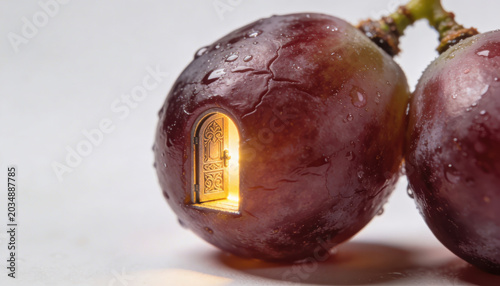 Tiny door on fruit grape with water drops and glowing light inside creating magical atmosphere