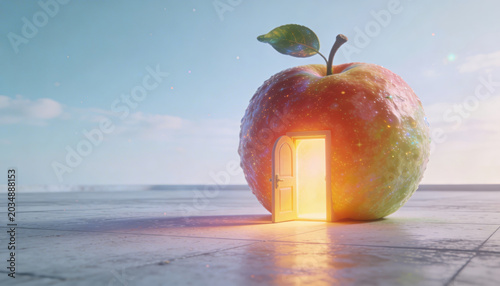 Tiny door on glowing fruit invites curiosity and wonder with warm light shining through open entrance
