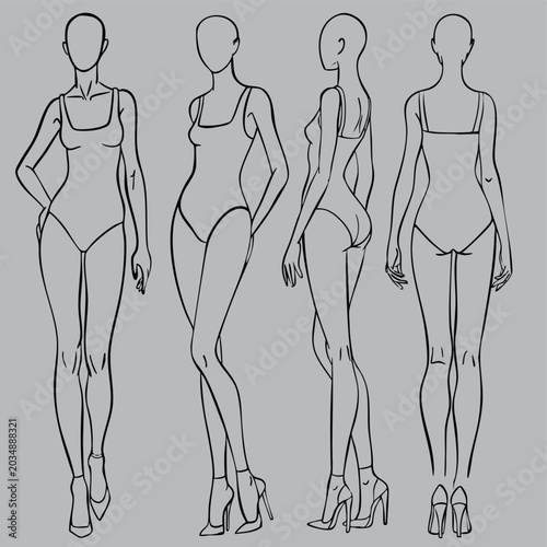 Fashion model sketch with female figure croquis from different angles