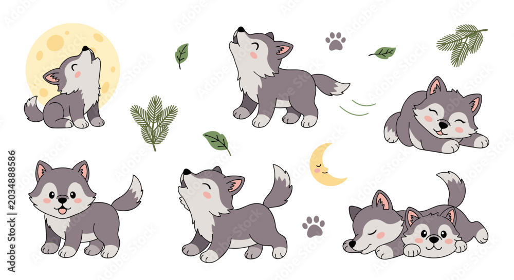 Fototapeta premium Set of cute little wolf cub characters in various poses with moon and leaf elements for nature themes, playful woodland animal vector illustration