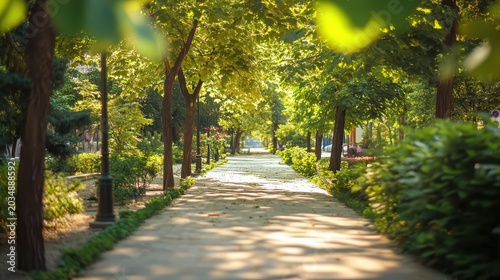 Sun-dappled urban park pathway lined with lush green trees and vibrant foliage on a bright, clear day.