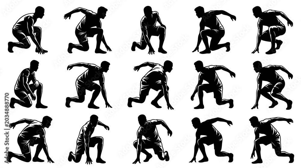 Naklejka premium Silhouette Athletes in Starting Positions, Runner Track Field Sport Black and White Vector Art