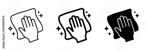 Foto Hand Wiping Surface with Cloth, Cleaning Icons Set, Hygiene and Sanitation Vecto
