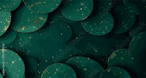Abstract geometric background with green circles and gold glitter spots on dark emerald surface