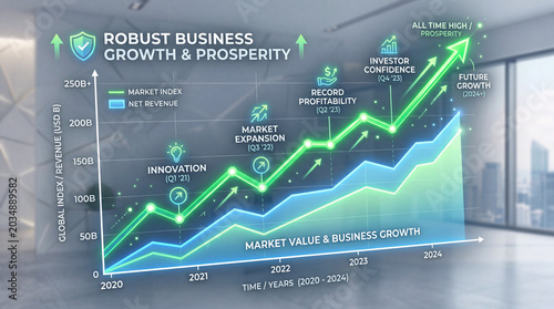 A graphic illustration of robust business growth and prosperity with a line graph and arrows