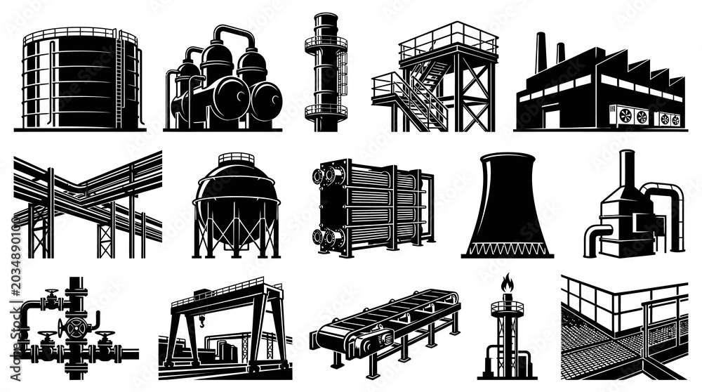 Obraz premium Industrial Plant Equipment Icons Set - Black and White Line Art for Manufacturing, Energy Oil Gas Industry