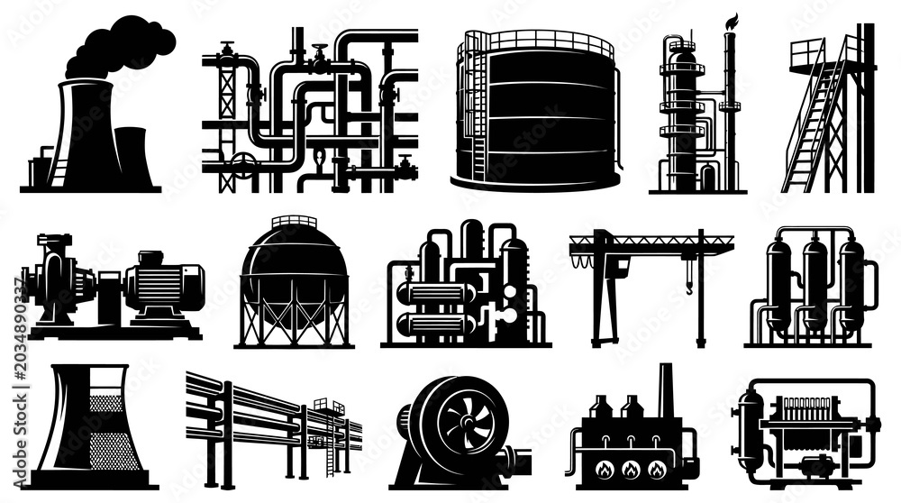 Obraz premium Industrial Equipment Silhouettes: Plant, Pipes, Tanks, Crane, Pump, Tower