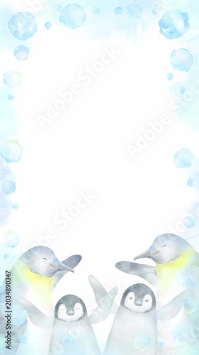 ペンギン家族が一斉に飛び出て手を振る縦型水彩風フレーム。爽やかで楽しげなアニメーション。
