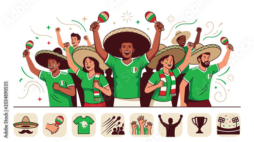 Flat vector illustration of diverse Mexican soccer fans wearing green national team jerseys and sombreros, cheering with maracas and scarves, including sports themed celebration icons.