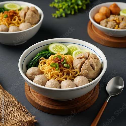 Delicious Bowls of Bakso Noodles with Fresh Vegetables