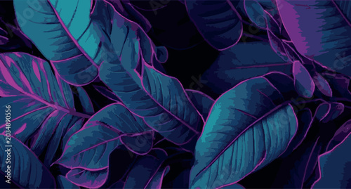 Abstract dark tropical leaves vector background. Seamless pattern with neon blue and purple jungle foliage texture