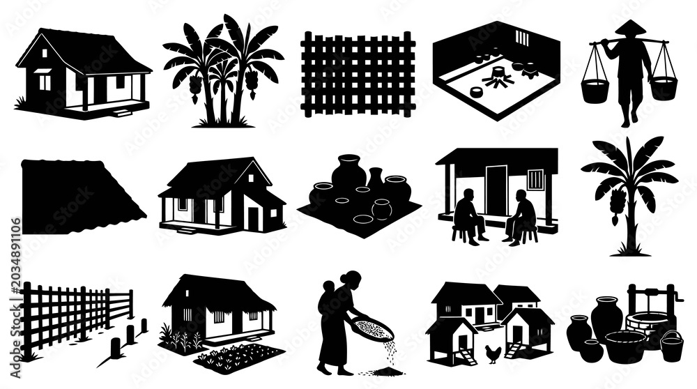 Naklejka premium Black White Glyphs of Rural Village Life: Houses, People, Farming, Pottery