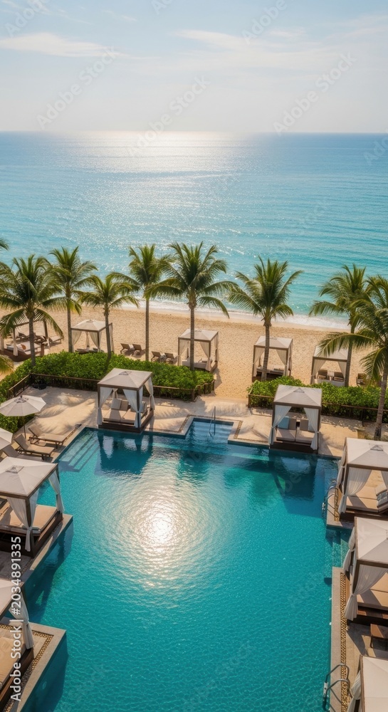 Fototapeta premium Luxurious Tropical Resort with Sparkling Pool and Ocean View.