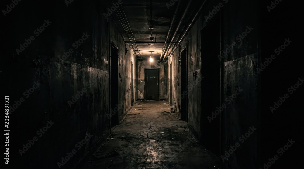 Obraz premium Dark abandoned corridor with single light. Halloween concept.
