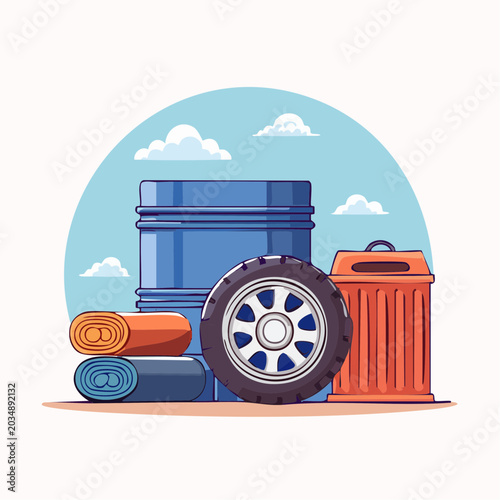 Illustration of a car tire, rolled mats, and a trash can