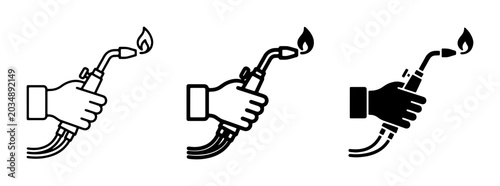 Foto Welding Torch Icon Set, Hand Holding Flame Tool, Industrial Equipment Graphics,