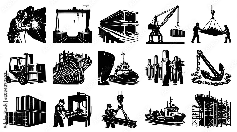 Fototapeta premium Black and White Icons of Industrial Manufacturing and Shipping, Vector Art