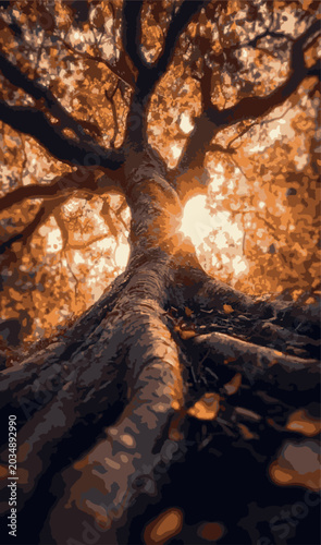 Low angle view of big autumn tree with orange leaves and sun rays