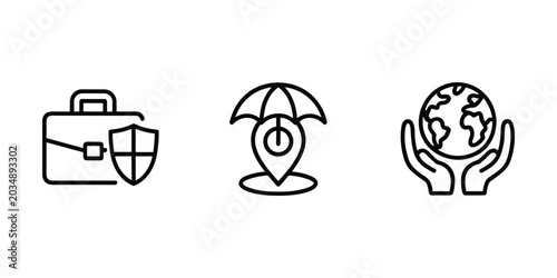 Photos Black line of briefcase with shield, location under umbrella, hands holding glob