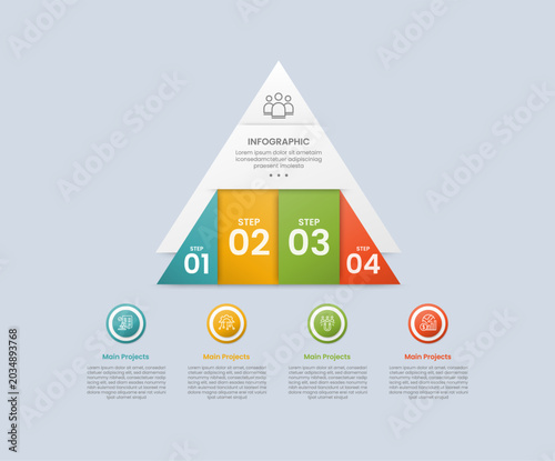 Pyramid base shape infographic with glossy gradient style with big arrow and horizontal layering part with circle badge on bottom with four segment information
