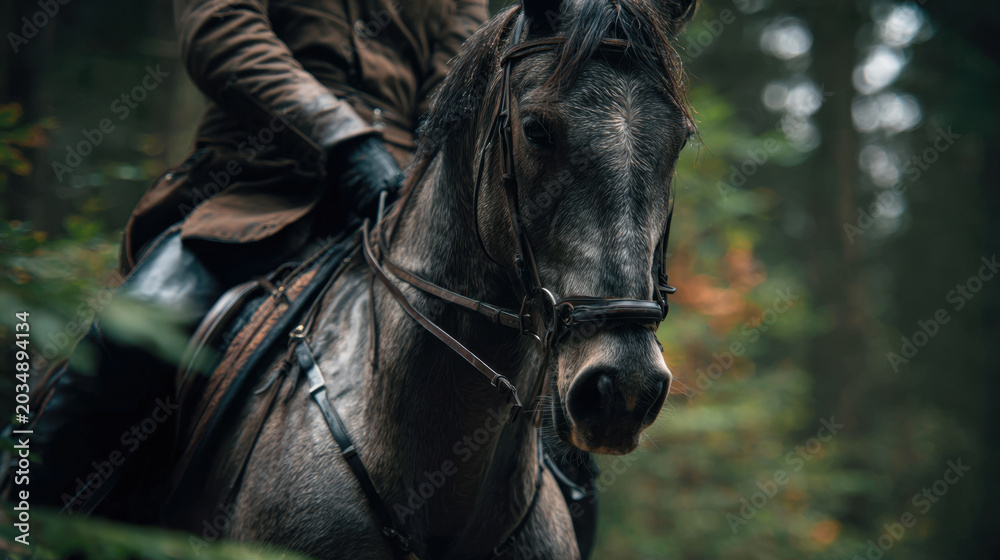 Fototapeta premium Man riding horse forest close up front view