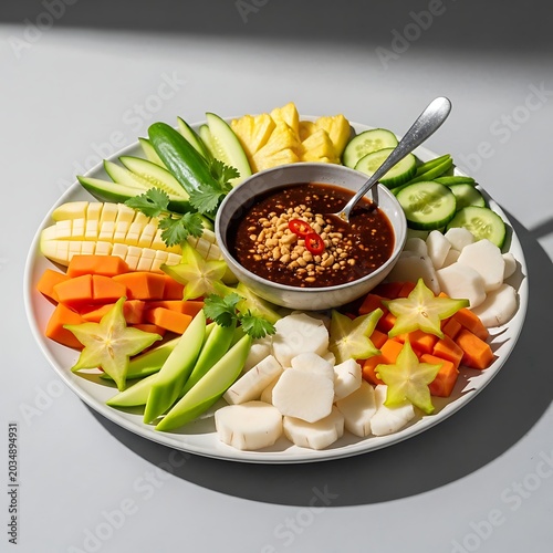Healthy Indonesian Rojak with Fruits Vegetables and Peanut Sauce